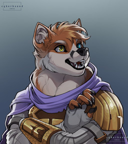 5_fingers anthro armor armwear big_pupils biped black_claws cape claws clothing countershading eyebrows fangs fingers looking_away male markings orange_body orange_fingers pupils ruff smile solo standing tan_body teeth topwear cyberhound canid canine canis domestic_dog mammal shiba_inu spitz absurd_res hi_res portrait three-quarter_portrait