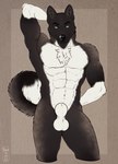 animal_genitalia anthro balls black_body black_fur blue_eyes chest_tuft curled_tail ears_up fur genitals hand_behind_butt hand_behind_own_head male muscular nude nude_anthro nude_male paintbrush_tail sheath solo tail thigh_up tuft white_body white_fur tanutanuki akitawash akita american_akita canid canine canis domestic_dog mammal spitz 2024 hi_res