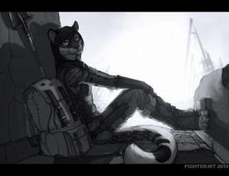 anthro backpack biped black_bars bottomwear building clothed clothing digitigrade female hair knife looking_at_viewer outside pants post-apocalyptic rubble ruins shovel sitting smile solo spots tail tools weapon fighterjet felid feline leopardus mammal ocelot letterbox