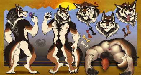 animal_genitalia animal_penis anthro anus balls black_balls black_body black_fur black_sheath blush brown_body brown_fur butt canine_genitalia canine_penis erection eyes_closed front_view fur genitals grin logo looking_at_viewer male male_anthro muscular muscular_anthro muscular_male nipples nude open_mouth penis penis_backwards penis_tip perineum rear_view red_anus red_nipples red_penis red_tongue saggy_balls sheath simple_background smile solo standing text tongue tongue_out white_body white_fur yellow_eyes chumbasket gausswolf canid canine mammal artist_logo artist_name model_sheet