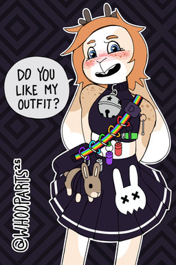ambiguous_gender anthro antlers asking_viewer bell bell_collar blue_eyes blush blush_lines bottomwear buckteeth carabiner clothed clothing collar countershading crop_top dialogue hair hands_behind_back horn lgbt_pride lighter looking_at_viewer multicolored_body orange_hair pleated_skirt pride_color_accessory pride_colors question question_mark rabbit_ears rabbit_plushie shirt shoulder_bag simple_background skirt skull_symbol solo speech_bubble standing talking_to_viewer tan_body teeth text topwear white_body whoop knooper jackalope lagomorph mammal 2025 artist_name digital_drawing_(artwork) digital_media_(artwork) english_text hi_res
