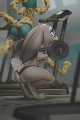 3_toes anthro barbell barbell_squats barefoot bottomwear bra butt claws clothing crouching duo exercise feet female fingers gym pink_nose purple_eyes shorts solo_focus sports_bra sports_panties squats toes treadmill underwear weightlifting workout miles_df disney zootopia judy_hopps cheetah felid feline lagomorph leporid mammal rabbit 2019 2:3