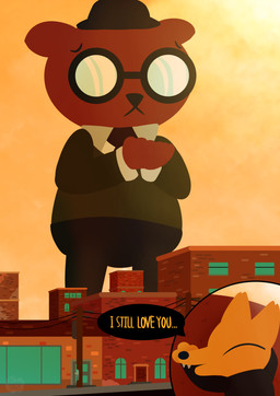 anthro canon_couple city clothing duo extreme_size_difference eyewear gentle_giant glasses hat headgear headwear macro male male/male size_difference wearing_glasses konatos night_in_the_woods angus_delaney gregg_lee bear canid canine fox mammal absurd_res colored digital_drawing_(artwork) digital_media_(artwork) hi_res