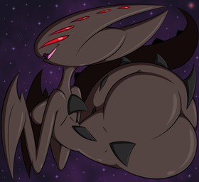 areola breasts butt female looking_back multi_eye nipples open_mouth open_smile red_eyes smile solo space star tail tongue zinzoa alien 2026 absurd_res hi_res