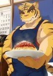 anthro apron blue_apron blue_clothing blurred_background brown_stripes calendar cheek_tuft chest_tuft chin_tuft clothing countershade_arms countershade_face countershade_torso countershading detailed_background eyes_closed facial_tuft food foreshortening fur hand_on_hip head_tuft inside male muscular muscular_male november_(month) offering_to_viewer parmesan pasta pink_nose plate red_clothing red_shirt red_tank_top red_topwear sauce shirt smile solo spaghetti steam stripes tan_body tan_countershading tan_fur tank_top topwear tuft yellow_body yellow_fur ry_o morenatsu torahiko_(morenatsu) felid mammal pantherine tiger 2022 absurd_res colored hi_res