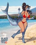 anthro beach big_breasts bikini blacksheeptfs blue_eyes breasts camel_toe claws clothing day dorsal_fin english_text female fin freckles hair hi_res human_to_anthro nipple_outline outside ponytail sand seaside sky solo species_transformation standing swimwear tail tail_fin text thick_tail transformation water wide_hips