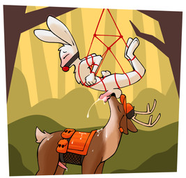 anthro anthro_on_feral arms_tied bdsm bestiality blush bodily_fluids bondage bound butt cum cum_on_back cum_on_butt cum_on_neck duo erection feral genital_fluids genitals humanoid_genitalia humanoid_penis legs_tied licking male male/male oral orgasm penile penis penis_lick sex tongue bernie-buddy chumsport kama_(torturabbit) deer lagomorph leporid mammal rabbit