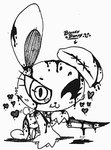 anthro blood blood_on_knife bodily_fluids doll female heart_symbol knife looking_at_viewer one_eye_closed simple_background solo stitch_(sewing) white_background white_body wink winking_at_viewer kainsword17 2spot_studio bloody_bunny_(series) bloody_bunny animate_inanimate lagomorph leporid living_doll mammal rabbit 2018 low_res monochrome