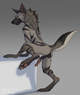 anatomically_correct anatomically_correct_genitalia anatomically_correct_penis animal_genitalia animal_penis anthro anus balls butt fur genitals grey_body grey_fur half-erect hyaenid_penis looking_at_viewer looking_back looking_back_at_viewer male markings nude paws penile penis presenting presenting_hindquarters raised_tail simple_background solo striped_body striped_fur stripes tail tail_anus lady-darkstreak bix_(qibble) hyena mammal striped_hyena hi_res