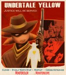 animal_mask anthro asian_clothing bell_bow book clothing cowboy_hat east_asian_clothing female fox_mask gloves group gun handgun handwear hat headgear headwear japanese_clothing kimono male mask movie_poster parody pistol poncho poster poster_template ranged_weapon revolver shadowed_eyes text weapon wild_west crimson_(artist) undertale_(series) undertale_yellow ceroba_ketsukane clover_(undertale_yellow) martlet_(undertale_yellow) starlo_(undertale_yellow) avian bird canid canine fox human mammal soul_(undertale) unknown_species absurd_res english_text hi_res