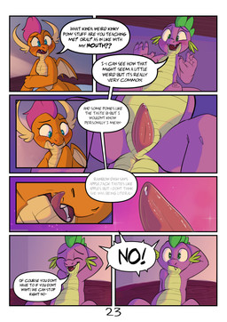 4_fingers animal_genitalia anthro bed bedroom blue_eyes blush bodily_fluids dialogue duo embarrassed embarrassed_male erection fangs female fingers furniture genital_fluids genital_slit genitals green_eyes horn imminent_oral imminent_sex licking licking_lips looking_at_genitalia looking_down male male/female nude orange_body penis precum slit_penis smooth_penis spread_legs spread_wings spreading tail tail_anus tapering_penis teeth text tongue tongue_out wings young elicitie friendship_is_magic hasbro my_little_pony mythology smolder_(mlp) spike_(mlp) dragon mythological_creature mythological_scalie scalie absurd_res comic english_text hi_res lol_comments