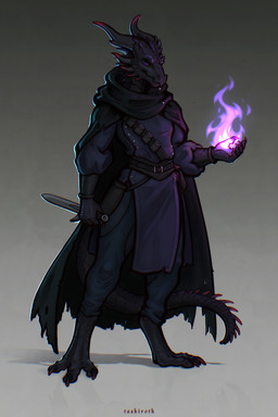 anthro armor bag biped black_body black_scales bottomwear claws cloak clothed clothing dagger digitigrade fantasy fantasy_clothing feet fire holding_object holding_weapon horn magic magic_user male melee_weapon pants purple_body purple_eyes purple_scales rim_light rimlight robe rogue scales simple_background solo spikes standing tail text toes topwear weapon tashiroth dungeons_and_dragons hasbro mythology wizards_of_the_coast dragon dragonborn_(dnd) kobold mythological_creature mythological_scalie reptile scalie digital_media_(artwork) full-length_portrait hi_res portrait