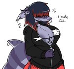 anthro areola big_breasts black_hair bodily_fluids breasts cleavage clothed clothing female grey_areola hair hair_over_eyes highlights_(coloring) huge_breasts non-mammal_breasts piercing red_highlights solo sweat text nonarycubed ash_(nonarycubed) fish marine shark absurd_res hi_res