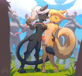 3_toes 4_fingers anthro anthro_on_anthro balls being_watched biped black_body black_eyebrows black_fur blue_sky blush blush_lines bodily_fluids breasts brown_nose butt butt_grab closed_smile cloud collar collar_only countershade_fur countershade_torso countershading crowd day digitigrade dipstick_tail dominant dominant_female duo_focus ears_back erection exhibitionism eyebrow_through_hair eyebrows eyelashes featureless_breasts featureless_crotch feet female female_anthro fingers fluffy fluffy_tail fur genital_fluids genitals grass green_eyes group hair hand_on_another's_butt hand_on_butt holding_leash holding_object humanoid_hands interspecies knock-kneed leaking_precum leash leash_pull leashed_collar long_tail looking_at_another looking_at_partner male male/female male_anthro markings medium_breasts medium_hair monotone_body monotone_fur monotone_hair mouth_closed multicolored_body multicolored_fur narrowed_eyes nude nude_anthro nude_female nude_male open_mouth open_smile outdoor_nudity outside penis pigeon_toed pink_collar pink_inner_ear pink_leash pink_nose pink_penis pivoted_ears plant precum shy shy_smile sky slim slim_anthro slim_female slim_male smile smiling_at_another smiling_at_partner standing submissive submissive_male tail tail_markings tan_balls tan_body tan_countershading tan_fur tan_markings tan_tail_tip teeth toes translucent translucent_hair two_tone_body two_tone_fur white_hair white_sclera yellow_body yellow_eyes yellow_fur litti_kitti starly_(starlyf0x) canid canine domestic_cat felid feline felis fox mammal english_description