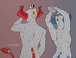 butt devil_horns_(gesture) duo gesture gold_(metal) gold_jewelry hand_gesture jewelry male male/male nude nude_male spade_tail stretching tail white_body sws37sisters cuphead_(game) cuphead_(character) mugman mugman_(mugman) demon humanoid