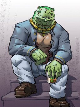4_eyes anthro beverage clothed clothing collar container cup fully_clothed green_body green_scales male multi_eye scales solo vein veiny_muscles berububs grumok_ubez alien drad_(species) humanoid reptile scalie