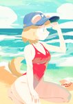 anthro baseball_cap beach blonde_hair blue_eyes breasts cleavage clothed clothing female freckles hair hat headgear headwear kneeling one-piece_swimsuit sea seaside solo swimwear water colo canid canine canis domestic_dog mammal 2020 absurd_res hi_res