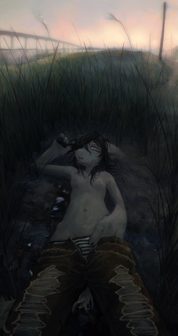4_fingers anthro black_hair blue_eyes bottomwear bottomwear_down breasts bridge brown_bottomwear brown_clothing brown_jeans brown_pants bruised bruised_eye cigarette cigarette_in_mouth clothed clothing crotch_lines denim denim_bottomwear denim_clothing ears_down female fingers fur grass grey_body grey_fur gun hair handgun holding_object holding_weapon jeans lake lit_cigarette looking_at_viewer lying messy_hair navel nipples object_in_mouth on_back on_ground pants pants_down partially_clothed partially_submerged pattern_clothing pattern_underwear pistol pivoted_ears plant raining ranged_weapon ripples scratches short_hair small_breasts solo striped_clothing striped_underwear stripes swamp tall_grass torn_bottomwear torn_clothing torn_jeans torn_pants underwear water weapon meyu canid canine mammal 2025 hi_res
