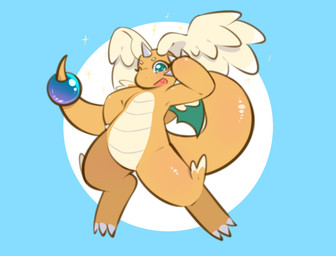 1_horn ambiguous_gender anthro blue_background circle_background featureless_chest featureless_crotch geometric_background green_eyes head_wings heart_in_mouth horn knee_tuft leg_tuft one_eye_closed orange_body pose raised_arm simple_background solo sparkles tail tuft unusual_wing_placement wings ninebuttom mythology nintendo pokemon dragon generation_1_pokemon generation_9_pokemon mega_dragonite mega_evolution mythological_creature mythological_scalie pokemon_(species) scalie