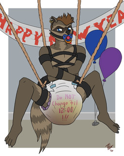 ageplay anthro balloon barefoot bdsm biped bodily_fluids bondage bound clothed clothing diaper ear_piercing ear_ring eyebrows feces feet fur gag gagged genital_fluids hair holidays humanoid_feet infantilism inflatable looking_at_viewer male object_in_mouth pacifier pacifier_in_mouth piercing plantigrade ring_piercing roleplay sagging_diaper scatplay soiled_diaper soiling solo suspension text topless unclean_diaper urine used_diaper watersports wet_diaper wetting paper_paws new_year mammal procyonid raccoon 2016 4:5 english_text hi_res signature