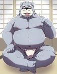 anthro asian_clothing belly clothing east_asian_clothing eyewear fundoshi glasses humanoid_hands japanese_clothing kemono male moobs navel nipples overweight overweight_male sitting solo underwear white_clothing white_fundoshi white_underwear emufu canid canine canis domestic_dog mammal 2024 hi_res