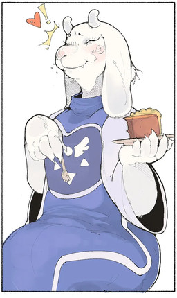 anthro blush chewing claws clothed clothing crumbs cutlery eating emanata exclamation_point eyes_closed fangs female floppy_ears food fork happy heart_symbol kitchen_utensils pastry pie plate simple_background smile solo teeth tools robbertozoide undertale_(series) toriel bovid caprine goat mammal monster 2025