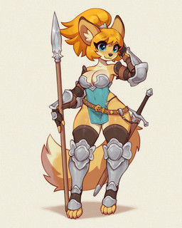4_toes anthro armor barefoot big_tail blonde_hair blue_eyes bottomwear breastplate breasts cleavage clothed clothing feet female fluffy fluffy_tail fur hair huge_hips huge_thighs inner_ear_fluff knight loincloth melee_weapon polearm sabatons skimpy small_waist smile solo spear standing sword tail thick_thighs tied_hair toes topknot tuft unconvincing_armor vambrace warrior weapon wide_hips yellow_body yellow_fur asimos unnamed_character canid canine fox mammal 4:5 hi_res