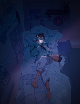 anthro barefoot bed bedding bird's-eye_view black_body black_fur bottomwear brown_hair cellphone clothed clothing crossed_legs dipstick_tail electronics feet front_view fur furniture glistening glistening_hair hair high-angle_view holding_cellphone holding_object holding_phone holding_smartphone inside looking_at_cellphone looking_at_object looking_at_phone lying male markings multicolored_body multicolored_fur night note on_back on_bed orange_body orange_fur pants phone pillow plant plant_pot potted_plant relaxing short_hair smartphone solo tail tail_markings topwear vinyl_record white_body white_bottomwear white_clothing white_fur white_pants akatan_art canid canine fox mammal digital_media_(artwork) full-length_portrait hi_res portrait