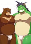 anthro arm_around_shoulders asian_clothing belly big_belly black_mane black_nose blush brown_body brown_fur bulge chest_markings clothed clothing countershade_arms countershade_legs countershade_snout countershade_torso countershading duo east_asian_clothing fundoshi fundoshi_only fur green_body green_skin horn hug japanese_clothing kemono male male/male mane markings navel nipples one_eye_closed overweight overweight_anthro overweight_male pecs pink_nipples sharp_teeth snout tan_body tan_countershading tan_fur tan_skin teeth topless underwear underwear_only white_clothing white_fundoshi white_underwear wink ry_o morenatsu mythology juuichi_mikazuki tatsuki_(morenatsu) bear dragon mammal mythological_creature mythological_scalie scalie 2023 absurd_res hi_res