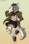 anthro clothed clothing crossdressing ear_piercing ear_ring eyebrows eyelashes footwear male open_mouth piercing ring_piercing shoes smile solo teeth tongue kaitycuddle pawsie canid canine canis mammal wolf 2020 digital_media_(artwork)