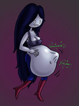 belly black_hair boots breasts cleavage clothed clothing fangs female female_pred footwear grey_body grey_skin hair long_hair nipples not_furry shoes smile solo teeth text vore beanystalk adventure_time cartoon_network marceline_abadeer humanoid vampire 3:4