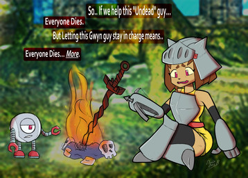 armor armor_plates bonfire brown_hair cosplay crossbow crossover_cosplay dialogue duo fangs grey_body hair machine ranged_weapon tan_body teeth text weapon weapon_arm devin_arts dark_souls fromsoftware gameoverse glitch_productions kaboodle_(gameoverse) kit_bodega domestic_cat felid feline felis mammal robot crossover english_text hi_res