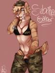 2015 absurd_res anthro bambii_dog blonde_hair blue_eyes bottomwear bra breasts brown_body brown_fur brown_stripes clothed clothing digital_media_(artwork) dog_tags english_text eyebrows eyelashes fangs felid female fur hair half-closed_eyes hat headgear headwear heart_symbol hi_res inner_ear_fluff jewelry looking_at_viewer mammal multicolored_body multicolored_fur narrowed_eyes navel necklace open_mouth panties pants pink_background pink_nose pinup portrait pose saber-toothed_tiger sabrina_saber signature simple_background smile solo striped_body striped_fur stripes teeth text three-quarter_portrait tongue tuft underwear undressing unzipped zipper