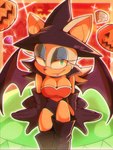 anthro breasts chaos_emerald cleavage clothed clothing eyeshadow female food footwear fruit fur gem gloves handwear hat headgear headwear makeup master_emerald narrowed_eyes plant pumpkin sitting smile solo tan_body tan_skin white_body white_fur wings witch_hat just_icy sega sonic_the_hedgehog_(series) rouge_the_bat bat mammal hi_res signature