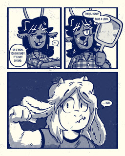 anthro buckteeth dialogue duo ear_piercing ear_ring female flannel_shirt holding_mirror holding_object male mirror piercing ring_piercing teeth text sexylinguini deltarune undertale undertale_(series) asriel_dreemurr dess_holiday bovid caprine deer goat mammal new_world_deer reindeer 4:5 absurd_res comic english_text halftone hi_res monochrome