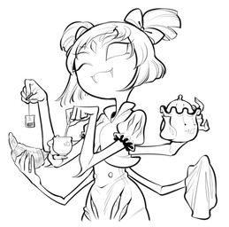 accessory bow_(feature) bow_accessory bow_ribbon bread clothed clothing container croissant cup dress fangs female food hair_accessory hair_bow hair_ribbon multi_arm multi_eye multi_limb one_eye_closed pastry ribbons smile solo tea_cup teapot teeth twin_bows twin_hair_bows wink oh-onii undertale undertale_(series) muffet animal_humanoid arachnid arachnid_humanoid arthropod arthropod_humanoid humanoid spider spider_humanoid black_and_white monochrome