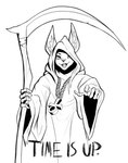 ambiguous_gender ankh ankh_necklace anthro bone clothing jewelry melee_weapon necklace polearm robe scythe solo text weapon orinvega rebi lagomorph leporid mammal rabbit english_text hi_res monochrome