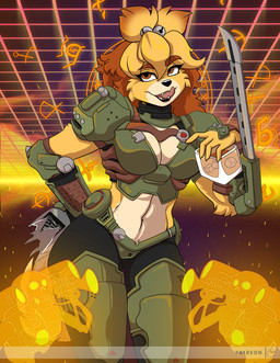 5_fingers alcohol anthro armor bell beverage black_lips black_nose bottle breasts broken_bottle cleavage cleavage_cutout clothed clothing container cosplay crossover_cosplay cutout fangs female fingers fur glass humanoid_hands licking licking_lips lips looking_at_viewer midriff navel solo teeth tongue tongue_out unconvincing_armor weapon wrist_blade yellow_body yellow_fur yawg animal_crossing doom_(series) id_software microsoft nintendo isabelle_(animal_crossing) canid canine canis domestic_dog mammal shih_tzu toy_dog 2021 crossover hi_res