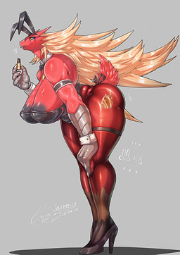anthro areola big_breasts biped black_areola blue_eyes breasts cleavage clothed clothing female female_anthro fingers fur grey_body heart_symbol huge_breasts lipstick looking_at_viewer makeup open_mouth pupils red_body red_fur red_tail solo tail tongue agitype01 nintendo pokemon blaziken generation_3_pokemon pokemon_(species) hi_res