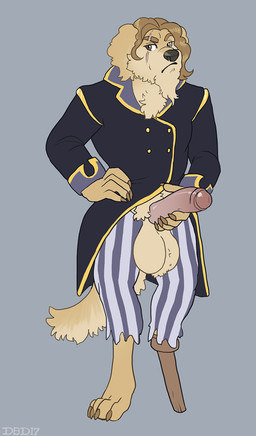 amputee anthro balls big_balls clothed clothing disability erection foreskin genitals humanoid_genitalia humanoid_penis looking_at_viewer male pegleg penis scar solo standing dizzy_by_design canid canine canis domestic_dog mammal