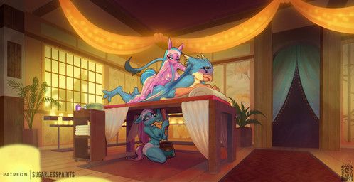 anthro balls beak big_balls breasts detailed_background erection eyebrows eyelashes eyes_closed feet female genitals group half-closed_eyes handjob kneeling male male/female narrowed_eyes penile penis saggy_balls sex tail text toes wings sugarlesspaints friendship_is_magic hasbro my_little_pony mythology aloe_(mlp) gallus_(mlp) lotus_(mlp) avian equid equine gryphon mammal mythological_avian mythological_creature 2026 artist_name digital_media_(artwork) hi_res sibling_(lore) sister_(lore) sisters_(lore) twins_(lore)