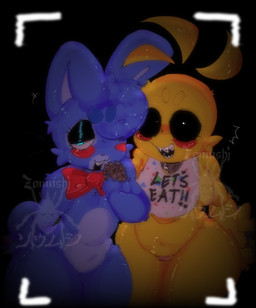 anthro beakless bedroom_eyes belly bib black_background blue_body blue_hair bow_tie breasts camera_view cheek_markings duo eyelashes facial_markings female front_view hair head_markings head_tuft long_ears machine male markings narrowed_eyes open_mouth seductive sharp_teeth simple_background tail teeth teeth_showing thick_thighs three-quarter_view tuft wide_hips yellow_body v4mp1333 five_nights_at_freddy's five_nights_at_freddy's_2 scottgames toy_bonnie_(fnaf) toy_chica_(fnaf) animatronic avian bird lagomorph leporid mammal rabbit robot 2023 digital_media_(artwork) hi_res shaded watermark