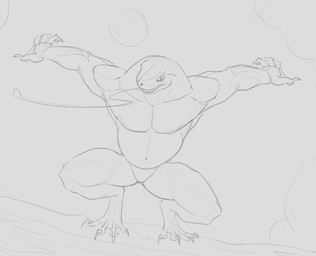 anthro crouching featureless_crotch front_view long_tongue looking_at_viewer male male_anthro musclegut muscular muscular_anthro muscular_male nude overweight overweight_anthro overweight_male pupils slit_pupils solo tongue tongue_out aduran amphibian frog absurd_res hi_res monochrome sketch