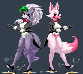 4_fingers alternate_species anthro bare_legs black_clothing black_footwear black_high_heels black_nose black_shoes black_tie_(suit) blush blush_stickers bow_tie breasts cane clothing coat dance_shoes dancewear dancing dipstick_tail duo ear_piercing ear_ring emanata eyeliner eyeshadow female fingers fluffy fluffy_hair footwear fur furrification glistening glistening_clothing glistening_footwear glistening_nose glistening_shoes gloves green_hair grey_background hair handwear high_heels holding_object leotard lipstick looking_at_viewer makeup markings mascara multicolored_body multicolored_fur multicolored_hair narrowed_eyes open_mouth open_smile piercing pink_body pink_clothing pink_eyes pink_eyeshadow pink_fur pink_inner_ear pink_leotard pink_lipstick pink_tail_tip purple_lipstick red_bow_tie ring_piercing sharp_teeth shirt shoes simple_background smile smiling_at_viewer suit tail tail_markings tailcoat tap_dancing tap_shoes teeth topwear two_tone_body two_tone_face two_tone_fur two_tone_hair two_tone_tail white_clothing white_gloves white_hair white_handwear white_leotard white_shirt white_topwear yellow_eyes dlovolb five_nights_at_freddy's five_nights_at_freddy's:_security_breach five_nights_at_freddy's_2 scottgames sister_location steel_wool_studios funtime_foxy_(fnaf) mangle_(fnaf) roxanne_wolf canid canine canis fox mammal wolf 2026 absurd_res hi_res