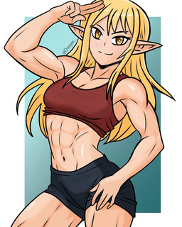 abs athletic_wear bangs black_bottomwear black_clothing black_shorts blonde_hair blue_background bottomwear clothing crop_top eyebrows eyelashes female gesture gym_bottomwear gym_shorts hair hand_gesture hand_on_leg hand_on_thigh humanoid_pointy_ears long_hair looking_at_viewer muscular muscular_female navel pointy_ears red_clothing red_crop_top red_shirt red_topwear salute shirt shorts simple_background smile smiling_at_viewer solo topwear white_background white_body white_sclera white_skin workout_clothing yellow_eyes oranyaa lori_(oranyaa) elf humanoid 2025 4:5 digital_drawing_(artwork) digital_media_(artwork) hi_res signature watermark