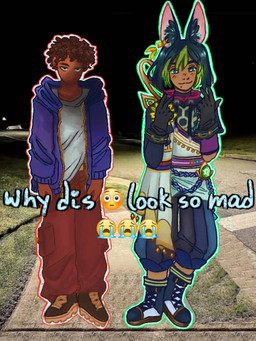 anthro clothing duo emoji gesture gloves hand_gesture handwear inner_ear_fluff male male/male outline photo_background standing text tuft v_sign vision_(genshin_impact) weapon tuqueque genshin_impact mihoyo why_dis_look_so_mad_(meme) tighnari_(genshin_impact) animal_humanoid canid canid_humanoid canine canine_humanoid fox_humanoid human humanoid mammal mammal_humanoid mixed_media photography_(artwork)