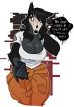 anthro big_breasts black_body black_fur bone breasts canid canine cellphone cleavage clothed clothing dialogue electronics female fur hi_res kanekuo malo mammal orange_clothing orange_jumpsuit phone prison_suit prison_uniform scp-1471 scp-1471-a scp_foundation skull solo