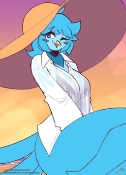 anthro beak big_breasts bikini bikini_top blue_body blue_hair breasts clothing eyebrow_through_hair eyebrows eyelashes female hair hat headgear headwear one_eye_closed shirt solo sun_hat swimwear thick_thighs topwear translucent translucent_hair two-piece_swimsuit wink lyorenth-the-dragon undertale_yellow martlet_(undertale_yellow) avian bird 2026 hi_res