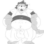 anthro belly big_belly bottomwear clothing kemono male overweight overweight_male pants shirt simple_background solo topwear white_background suishou0602 tamacolle yamato_(tamacolle) canid canine canis mammal wolf 2023 hi_res monochrome