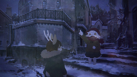 anthro brown_hair clothing coat duo female fur hair hat headgear headwear kemono male male/female night open_mouth outside raised_finger scarf snow tan_body tan_fur topwear white_body white_fur white_hair young young_anthro young_female young_male nishiko24 shika_(nishiko24) yagi_(nishiko24) bovid caprine deer goat mammal 2024 japanese_description